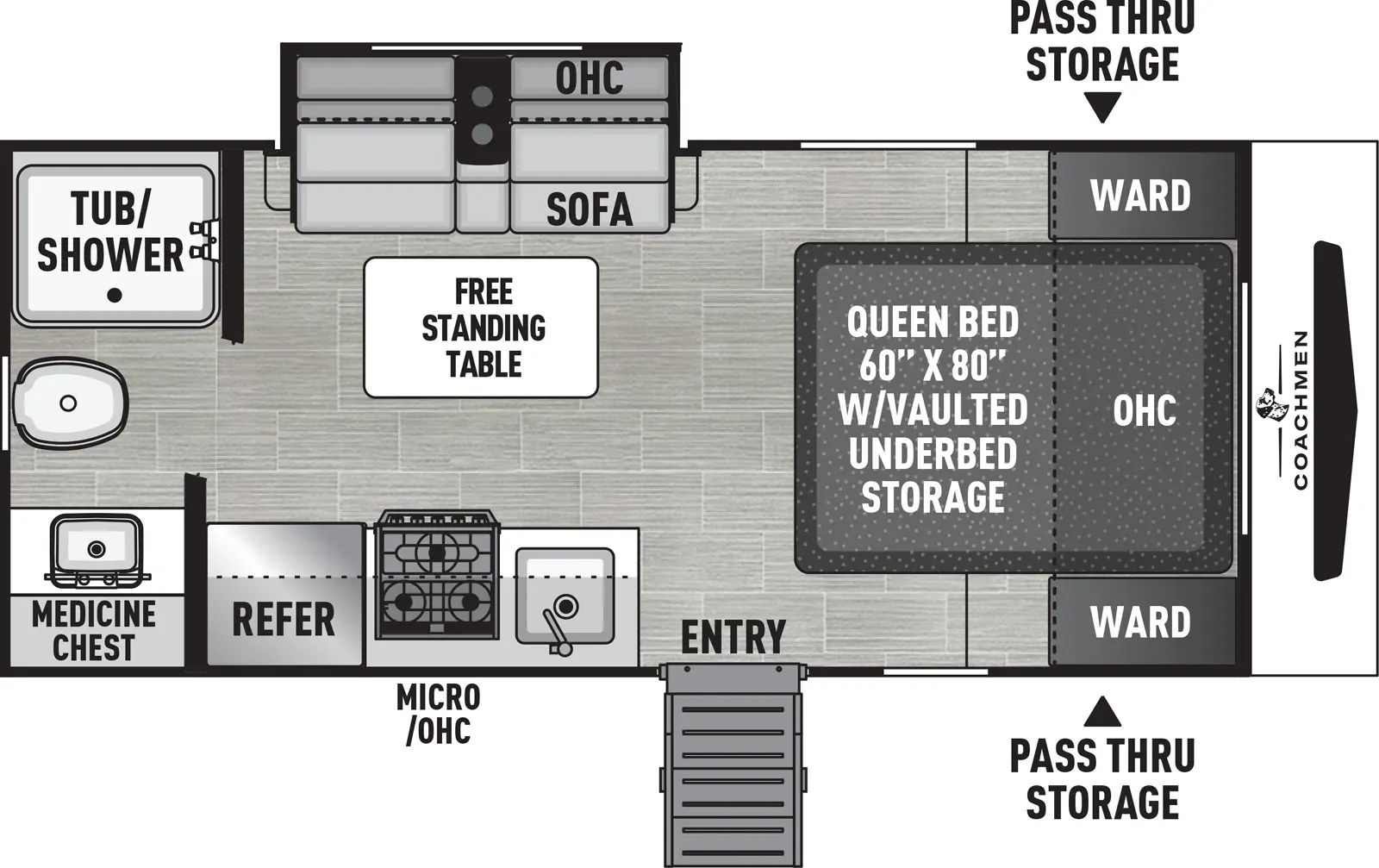 The Freedom Express Select 18SE floorplan has one entry and one slide out. Exterior features include: fiberglass exterior and 14' awning. Interiors features include: front bedroom and rear bathroom.